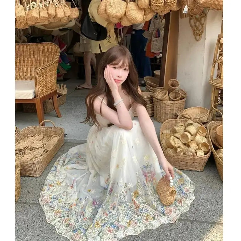 Floral Print Halter Dress Women's High Waist Gradient Sleeveless Long Dress Spring Commute Style Embroidered A-Line Skirt
