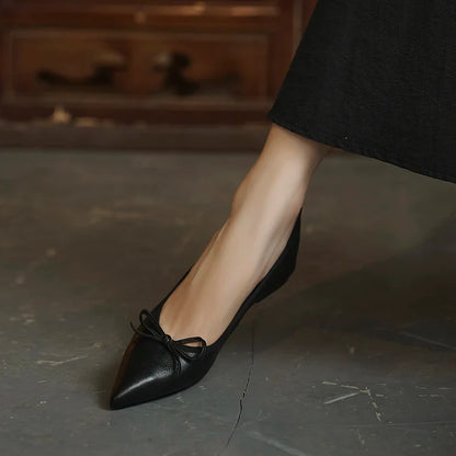 Women Flats French Style Sheepskin Ballets Woman Simple Shoe Spring Autumn Retro Pumps Flat Heel Square Toe Bowtie Footwear