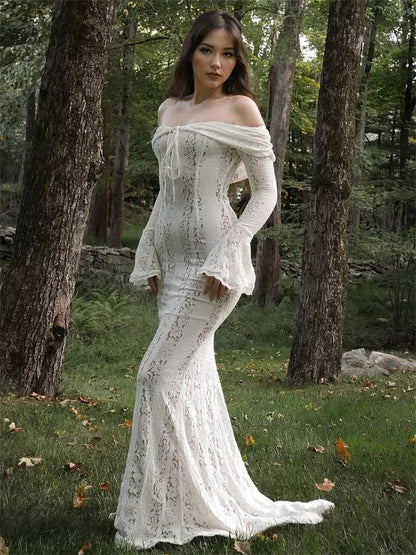 Autumn Lace Off-Shoulder Mini Dress For Women See-Through Printed Lace-Up High Waist Elegant Party Dress Female Sexy Gown