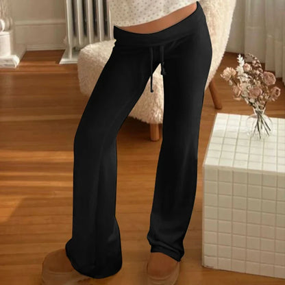 Drawstring Solid Women Slacks Turndown Waist Straight Casual Pants Concise Knitted Sweatpants All-matched Trousers Home
