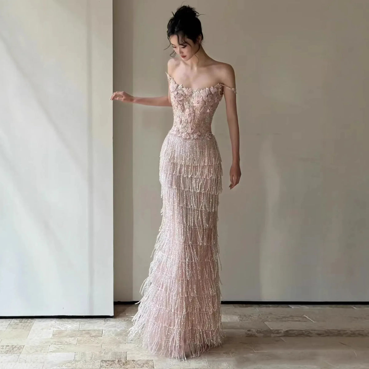 Elegant Heavy Work Evening Dress for Women with Fringe Strap Welcome Wedding Banquet Hostess Engagement Dress