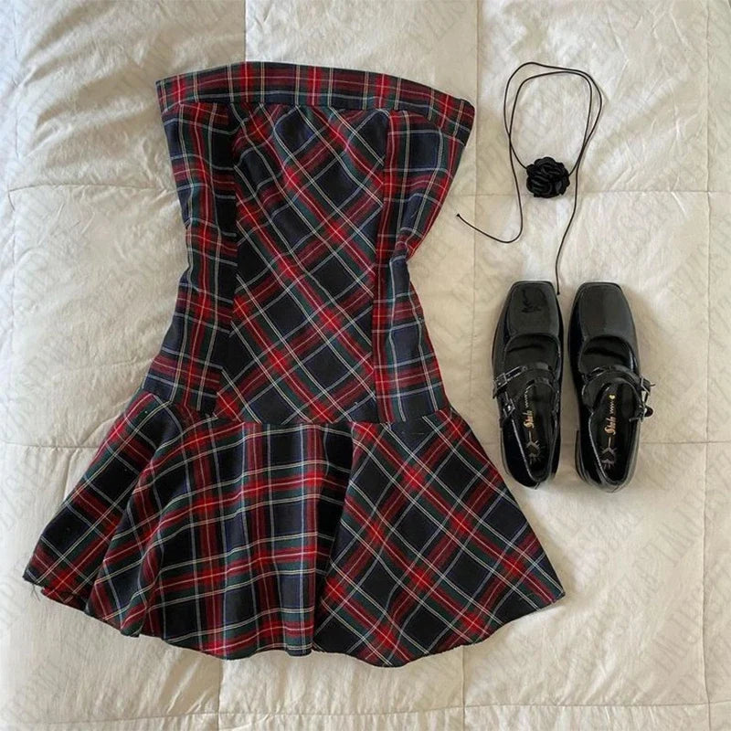 Y2K Harajuku American retro plaid print women's mini dress sexy slim chic aesthetic emo girls dress punk rock hip hop streetwear