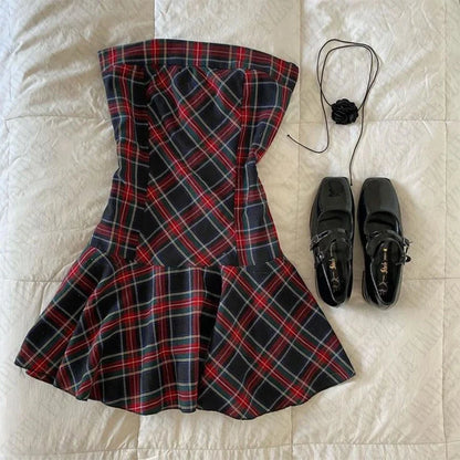 Y2K Harajuku American retro plaid print women's mini dress sexy slim chic aesthetic emo girls dress punk rock hip hop streetwear