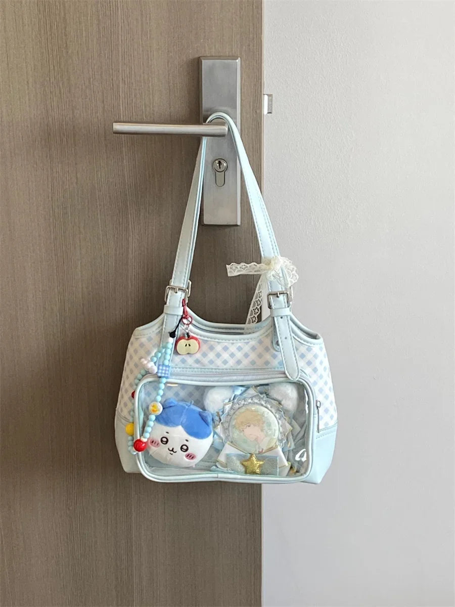 Original Lolita Sky Blue Plaid Small Capacity Transparent Pain Bag 10cm Baby Bag Daily Commuting Class Portable Shoulder Bag