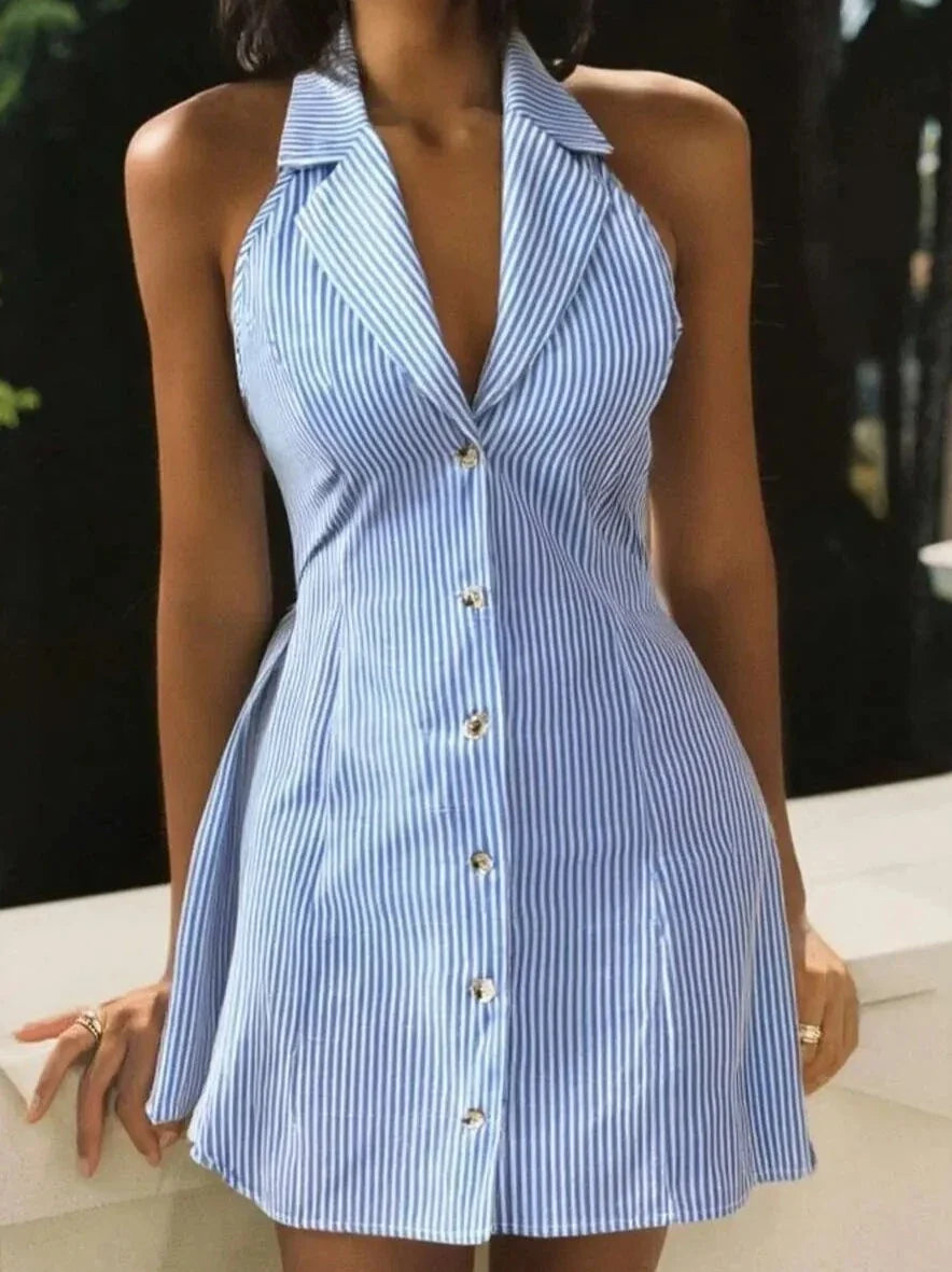 Fashion Striped Sleeveless Sexy Backless Strap Bow Button Slim Dress Vacation Summer Hot New Casual Beach Women's Dress