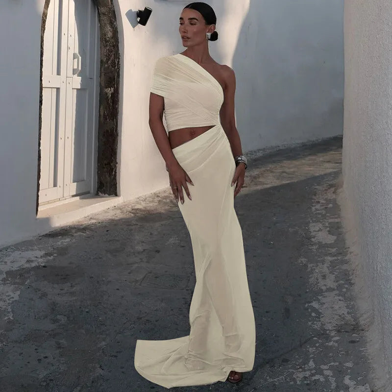 One Shoulder Mesh Draped Crop Top High Slit Maxi Skirt Set