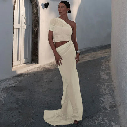 One Shoulder Mesh Draped Crop Top High Slit Maxi Skirt Set