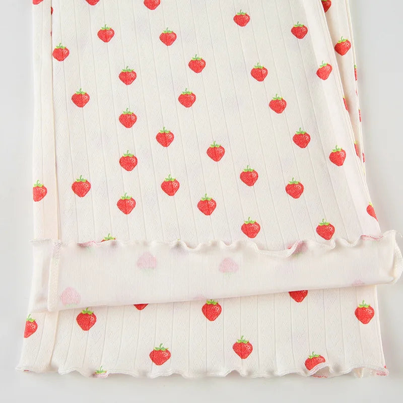 Strawberry Print Eyelet Two-piece Set Women Summer Sleeveless Slim Camis+Drawstring Pants Sets Home Cozy Sweet Casual Pajamas