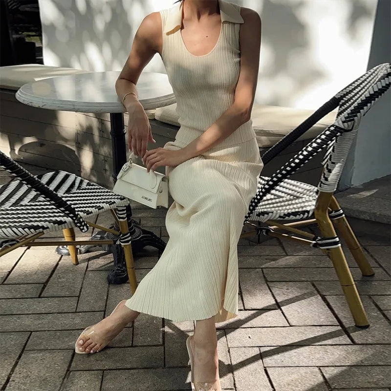 Elegant Lapel Tank Top Dress Set 2 Piece Women's Fashion Solid Color Long Skirt Set Casual Sleeveless Slim Top Skirt Set