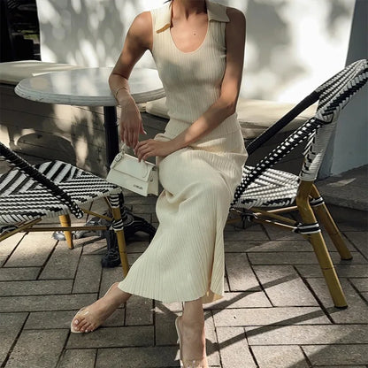 Elegant Lapel Tank Top Dress Set 2 Piece Women's Fashion Solid Color Long Skirt Set Casual Sleeveless Slim Top Skirt Set