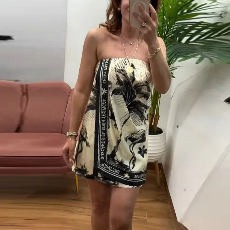 Detachable Halter Strapless Dress Drooping Floral Baggy Fashion Backless Vacation Beach Women's Suspender Print Short Dresses