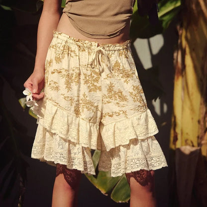 Women Boho Floral Free Bloomers People Knee Length Coquette Layered Ruffle Lace Shorts Pajama Bottoms