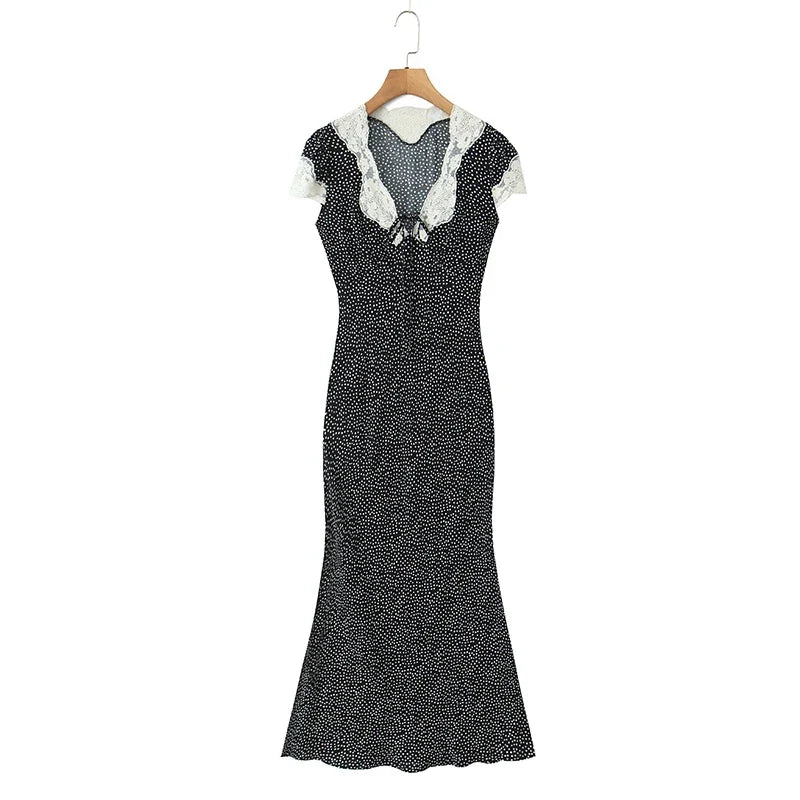New 2026 Women Short Sleeve V Neck Elegant A-line Midi Summer Polka Dot Dresses Holiday Robe