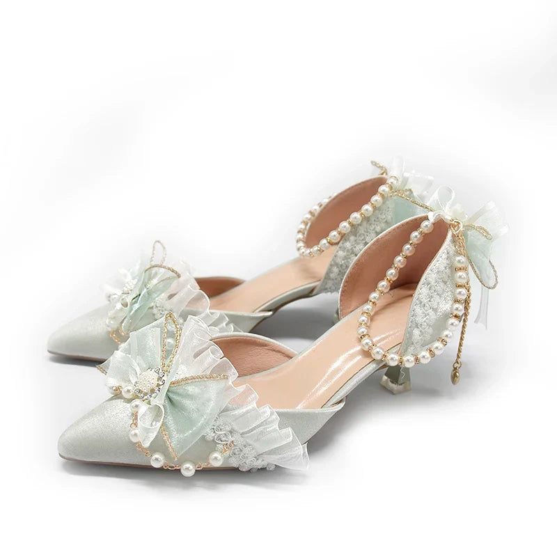 One Night Story Original Lolita Shoes Slim Heels Chinese Style Lolita Pointed Sandals High Heels Handmade Flower Wedding Shoes