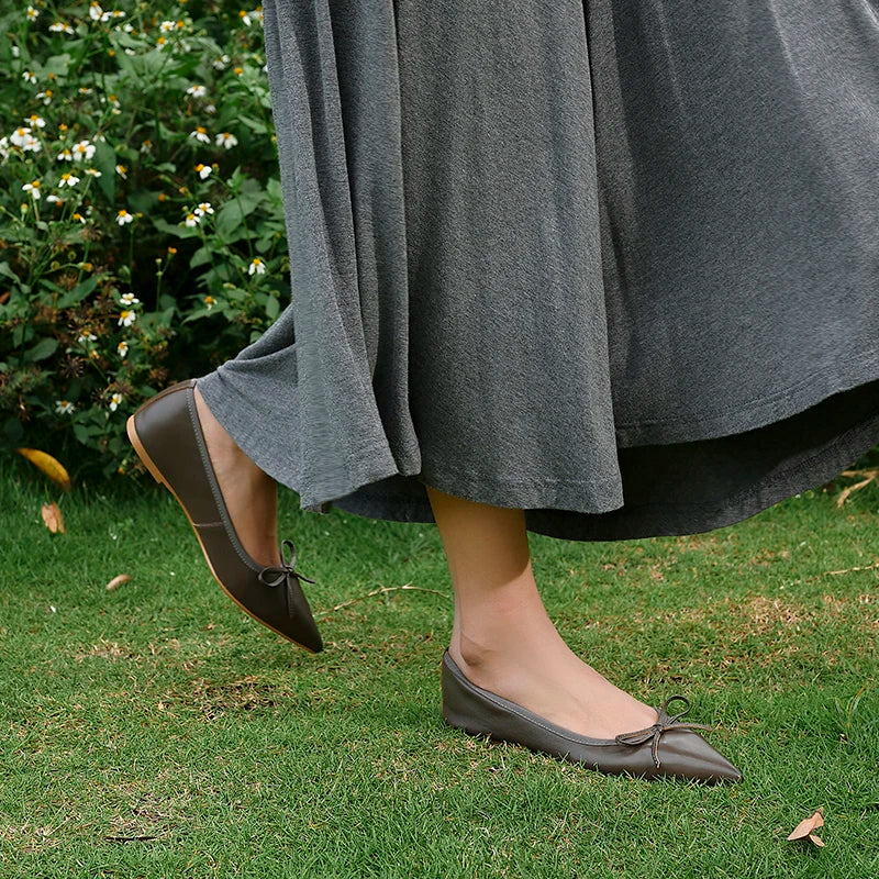 Women Flats French Style Sheepskin Ballets Woman Simple Shoe Spring Autumn Retro Pumps Flat Heel Square Toe Bowtie Footwear