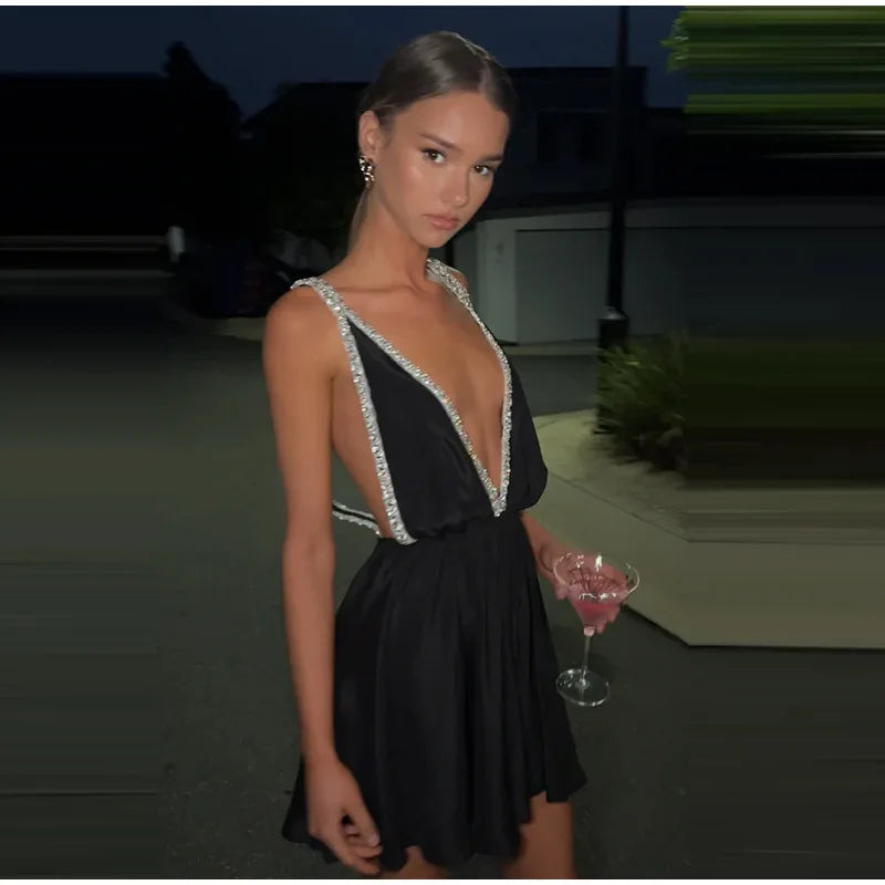 Sexy Diamonds Sling Short Dress Women Deep V-neck Sleeveless Backless Pleated A-line Dresses 2025 Summer Lady Beach Party Robe