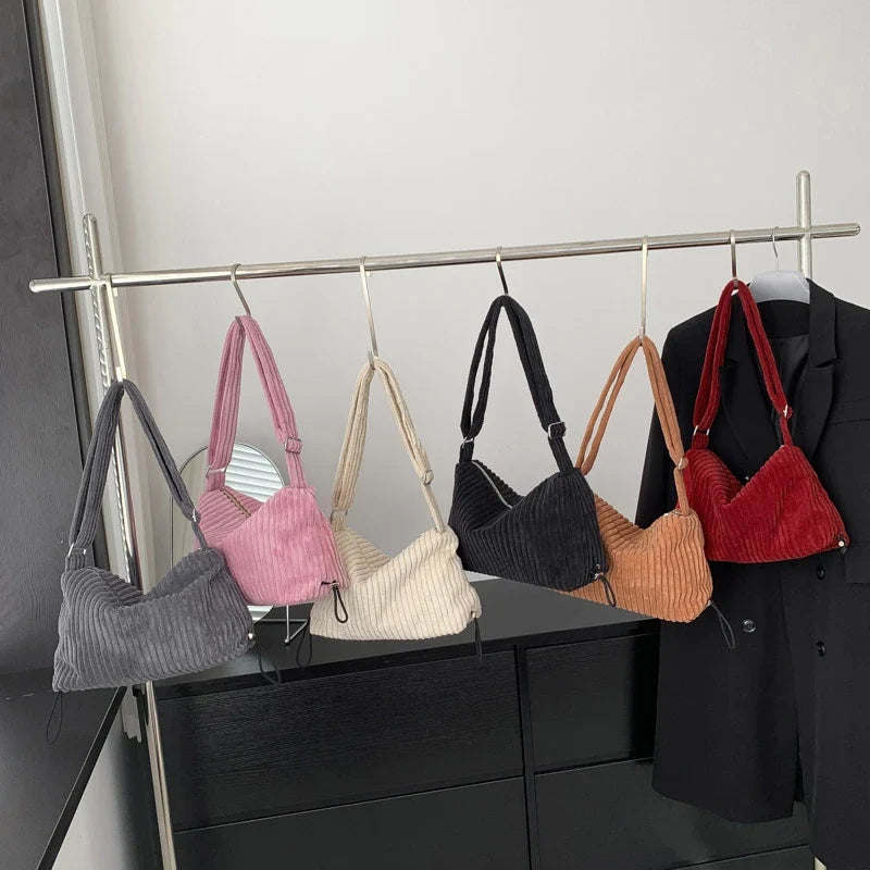 Beige Corduroy Bag For Women Simple Shoulder Bag Versatile Shopper Underarm Handbag Purse Zipper Small Messenger Bag Travel
