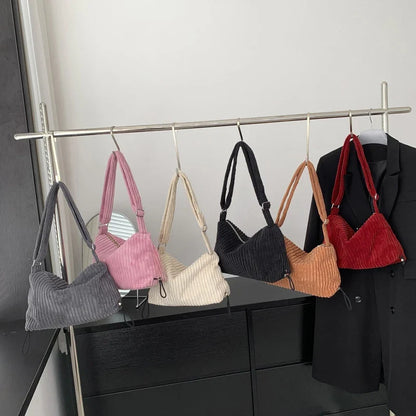 Beige Corduroy Bag For Women Simple Shoulder Bag Versatile Shopper Underarm Handbag Purse Zipper Small Messenger Bag Travel