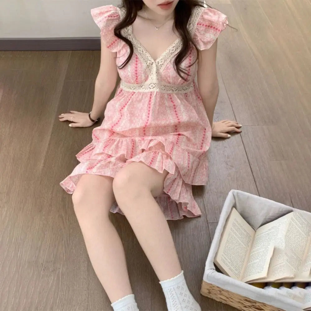 Striped Suspender Shorts Pajamas Ruffle Sleeveless Floral Pajamas Suit Loose with Chest Pad Women's Sleepwear Sets Sleeping