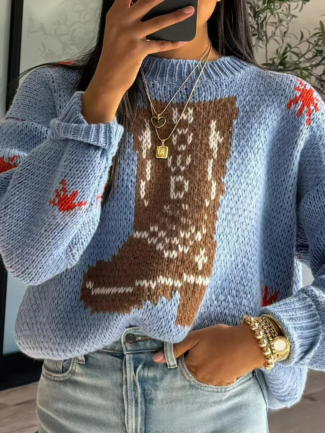 Autumn and Winter Fashion New Round Neck Long Sleeve Medium Length Women's Knitted Shirt