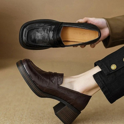 Thick Square with Single Shoe Women's Vintage French Sheepskin Loafers Vintage High-heeled Small Leather Shoes