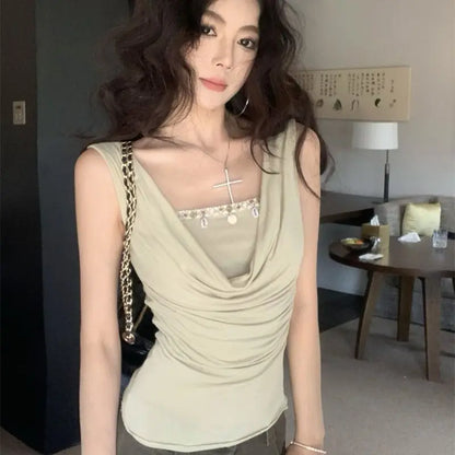 Summer Cropped Corset Top Draped Neck Two Tone Sleeveless Built-in Layered Shirt Women Soft Sexy