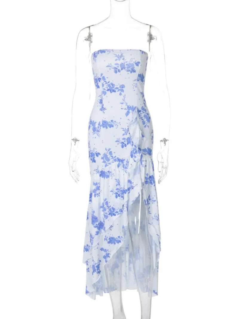 Blue Floral Print Strapless Summer Dresses for Women Sleeveless High Waist Backless Ruffles Irregular Split Evening Party Dress