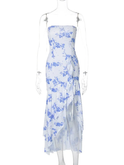 Blue Floral Print Strapless Summer Dresses for Women Sleeveless High Waist Backless Ruffles Irregular Split Evening Party Dress
