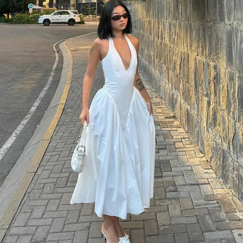 Sexy Deep V Hollow Halterneck Large Hem Dress For Women Solid High Waisted Backless Splice Summer New Vacation Long Dress