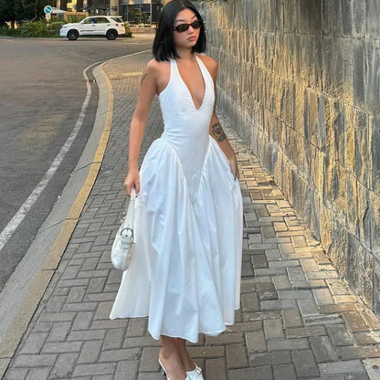 Sexy Deep V Hollow Halterneck Large Hem Dress For Women Solid High Waisted Backless Splice Summer New Vacation Long Dress