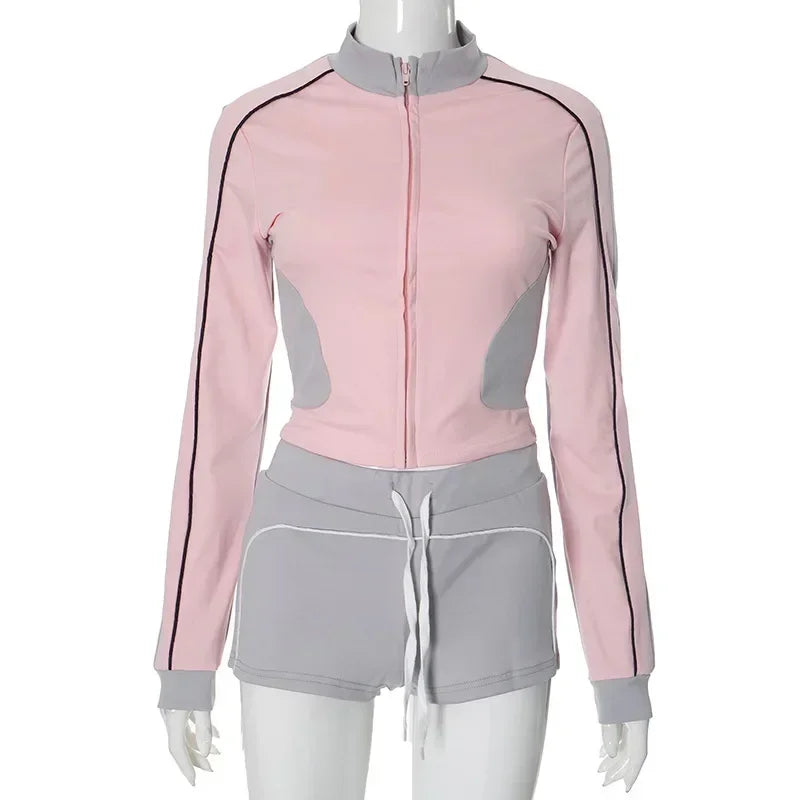 Casual Patchwork Women Two Piece Short Sets 2025 Spring Fashion Sporty Fitness Outfit Long Sleeve Cropped Jacket and Mini Shorts