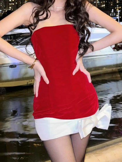 Women's Christmas Red Bow Dress Vintage Sleeveless Off Shoulder Mini Dresses Y2k Elegant One Piece Frocks 2000s Coquette Clothes