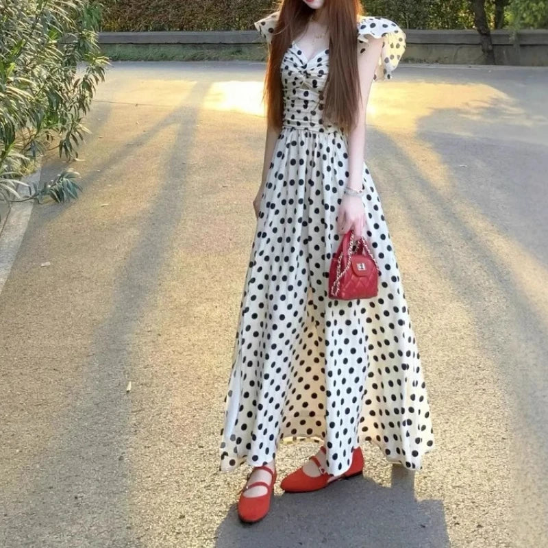 Polka Dot Dress Women's Summer High-end Seaside Vacation Xiaofei Sleeve Temperament Waist A-word Long Skirt