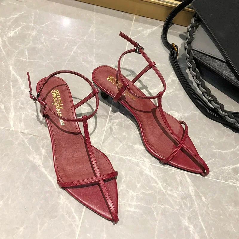 Women Fashion Sandals Thin Low Heels Pointed Open Toe Ankle Strap Dress Shoes Solid Color Summer Ladies Thin Low Heels Sandals
