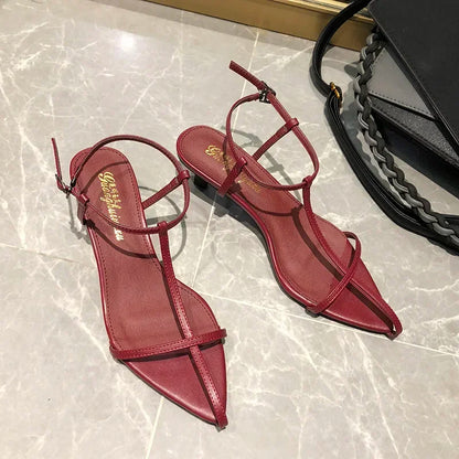 Women Fashion Sandals Thin Low Heels Pointed Open Toe Ankle Strap Dress Shoes Solid Color Summer Ladies Thin Low Heels Sandals