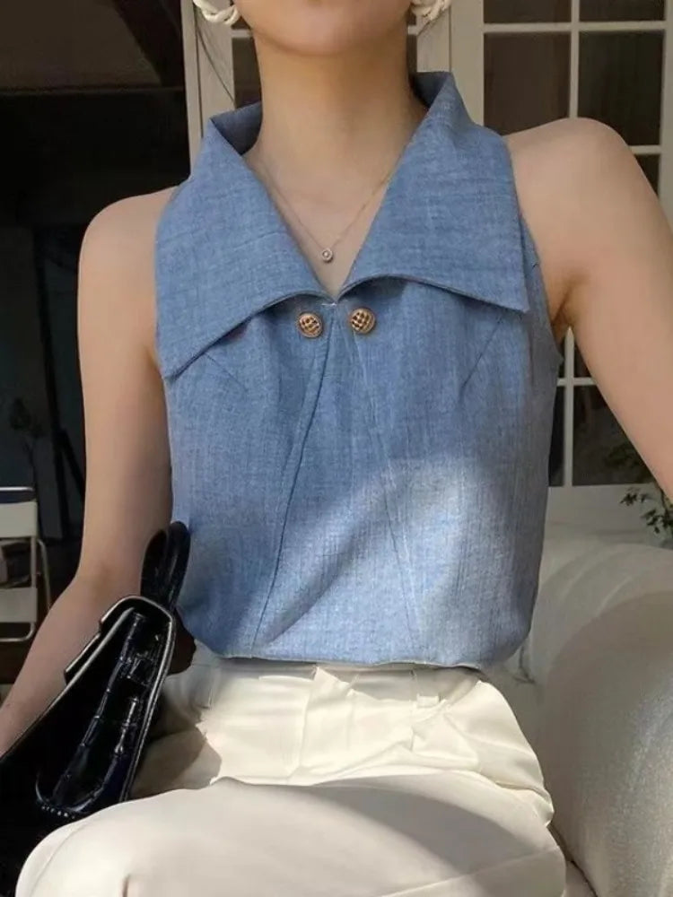 Temperament Lapel Blouse Women Sleeveless Off Shoulder Blue Shirts Office Lady Formal Elegant Fashion Tops Summer Chic