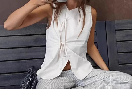 Summer Casual White Lace Up Vest Wearing Pure Cotton Cardigan Top Women's Clothing