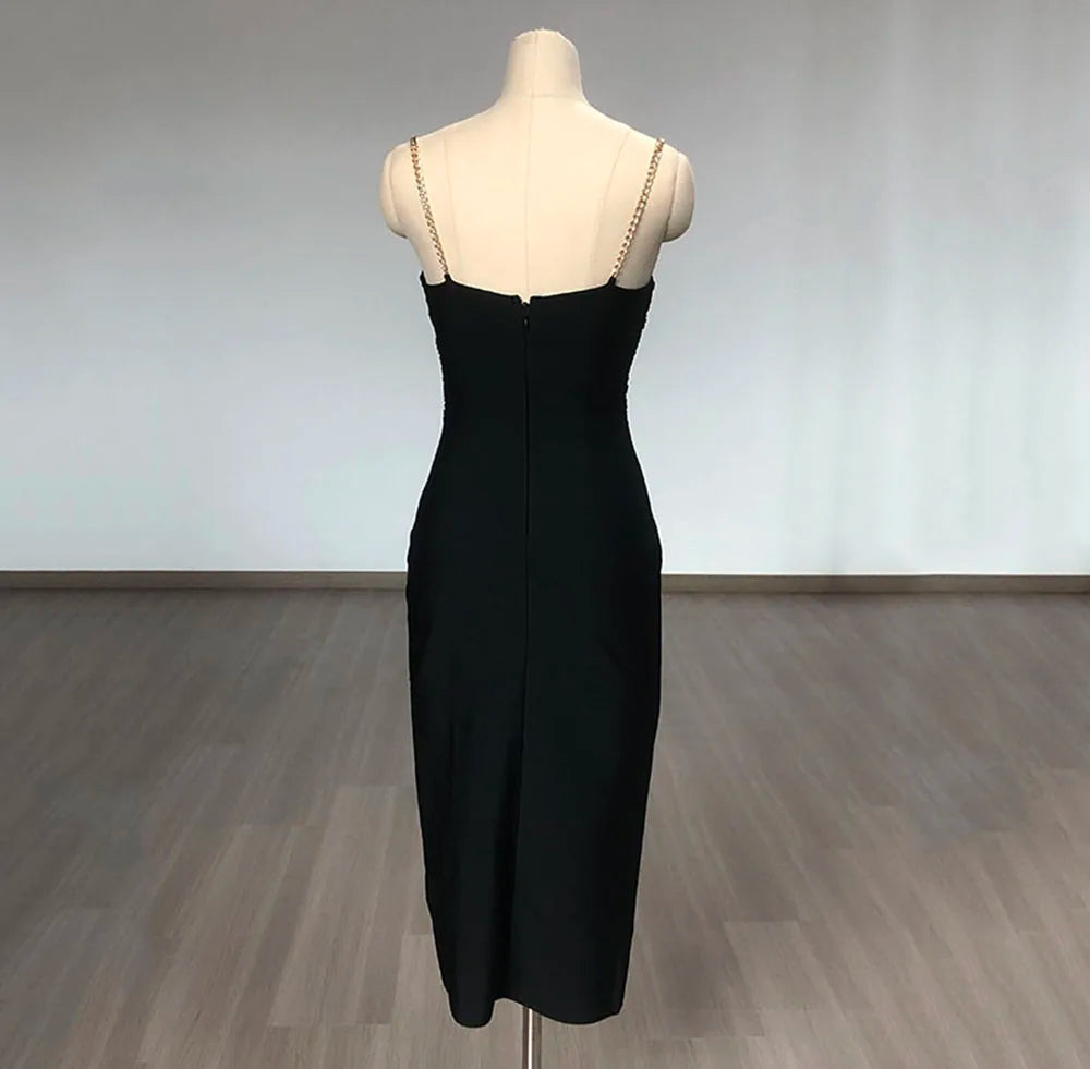 Chain Strap Sweetheart Cutout Rhinestone Brooch Slit Midi Dress