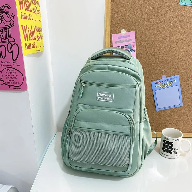 Multi-pocket Big Woman Backpack Solid Color Boys Girls Campus Style Schoolbag For TeenageNylon Waterproof Travel Bag