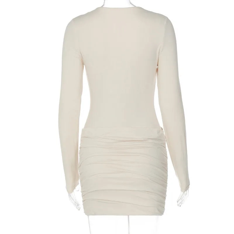 Women Solid Basic Ruched Bodycon Mini Dress Sexy V Neck Long Sleeve Peach Hips Slim Party Clubwear Autumn Casual Streetwear