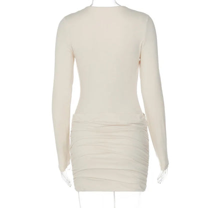 Women Solid Basic Ruched Bodycon Mini Dress Sexy V Neck Long Sleeve Peach Hips Slim Party Clubwear Autumn Casual Streetwear