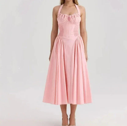 Halter Neck Lace Trim Corset Panel Pleated Fit and Flare Midi Dress