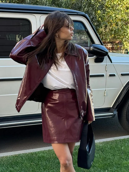 Women Elegant Ancora Red Zipper Leather Jacket 2 Piece Set Fashion High Waist Solid Cropped Mini Skirt Suit Lady Streetwear