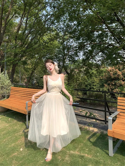 Woman Dress Sleeveless Butterfly Mesh Patchwork Slim Backless Holiday Princess Sweet Elegant Dresses Female Chic