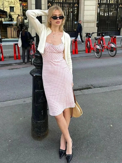 Spaghetti Strap Tie Up Plaid Dress Women Summer Beach Midi Sundress Strapless Retro Pink Short Vestidos Female Dress