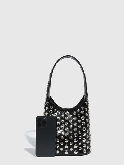 New Rivet Bucket Bag Motorcycle Texture Trend Handbag Highlights Unique Personality Tortoise Shell Sequins Soft Ladies Bag
