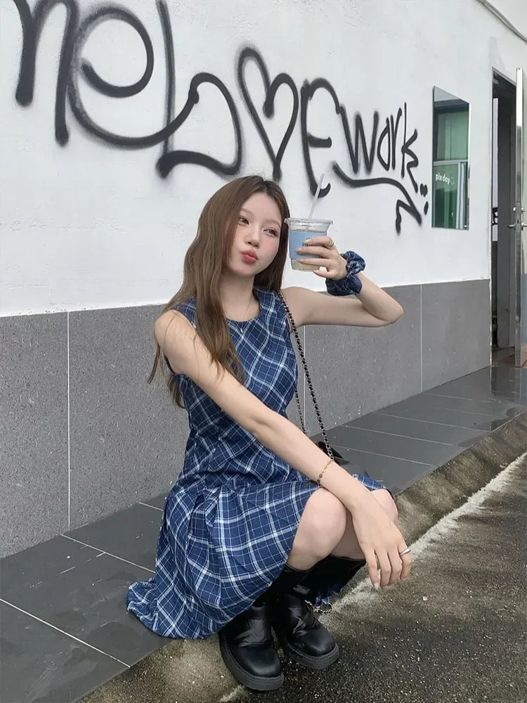 Vintage Blue Plaid Sleeveless Dress Low Wasit Mini Pleated Dresses for Women Summer Korean Fashion Retro Slim Clothes
