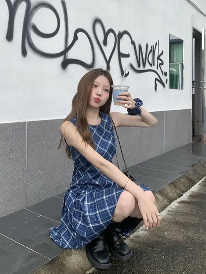 Vintage Blue Plaid Sleeveless Dress Low Wasit Mini Pleated Dresses for Women Summer Korean Fashion Retro Slim Clothes