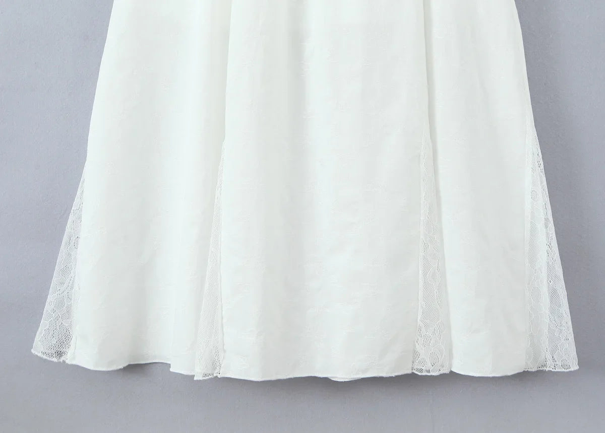 Lace Spliced Elegant White Dress Women Square Neck Sleeveless A-line Summer Long Dresses Holiday Party Robe