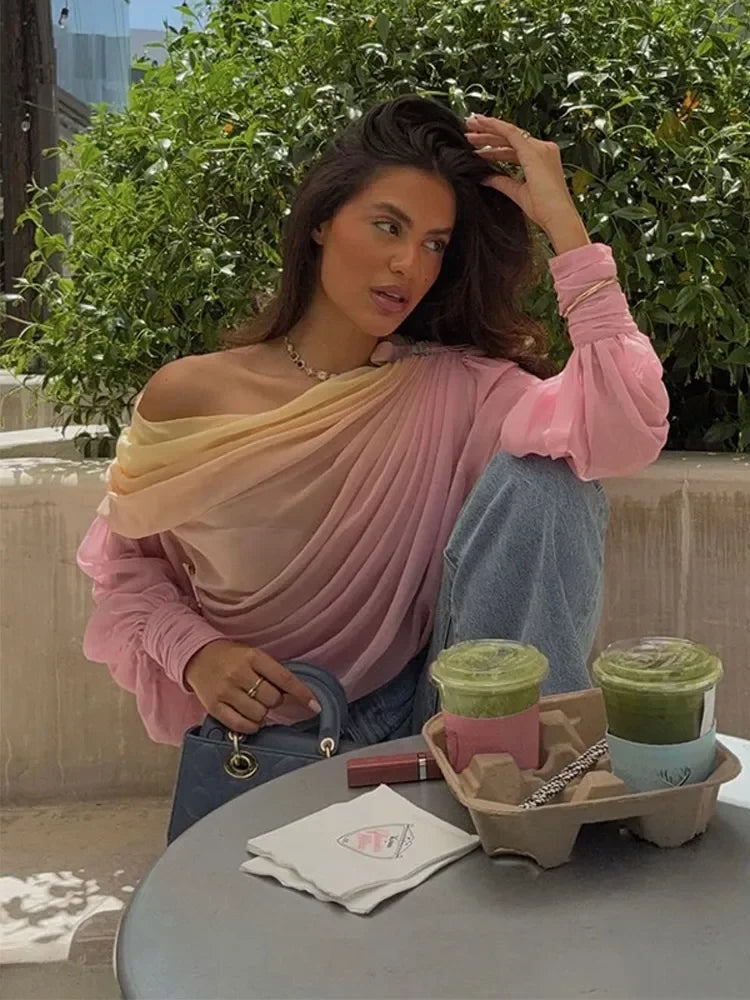 Pink Gradient Chiffon Pleated Blouse